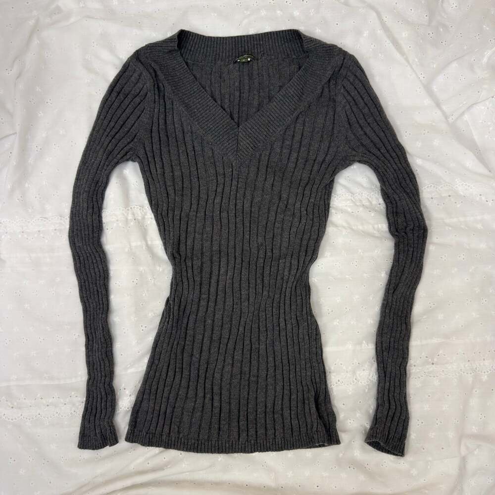 V-Neck Sweater Vintage Layering Dark Grey ribbed by Eddie Bauer